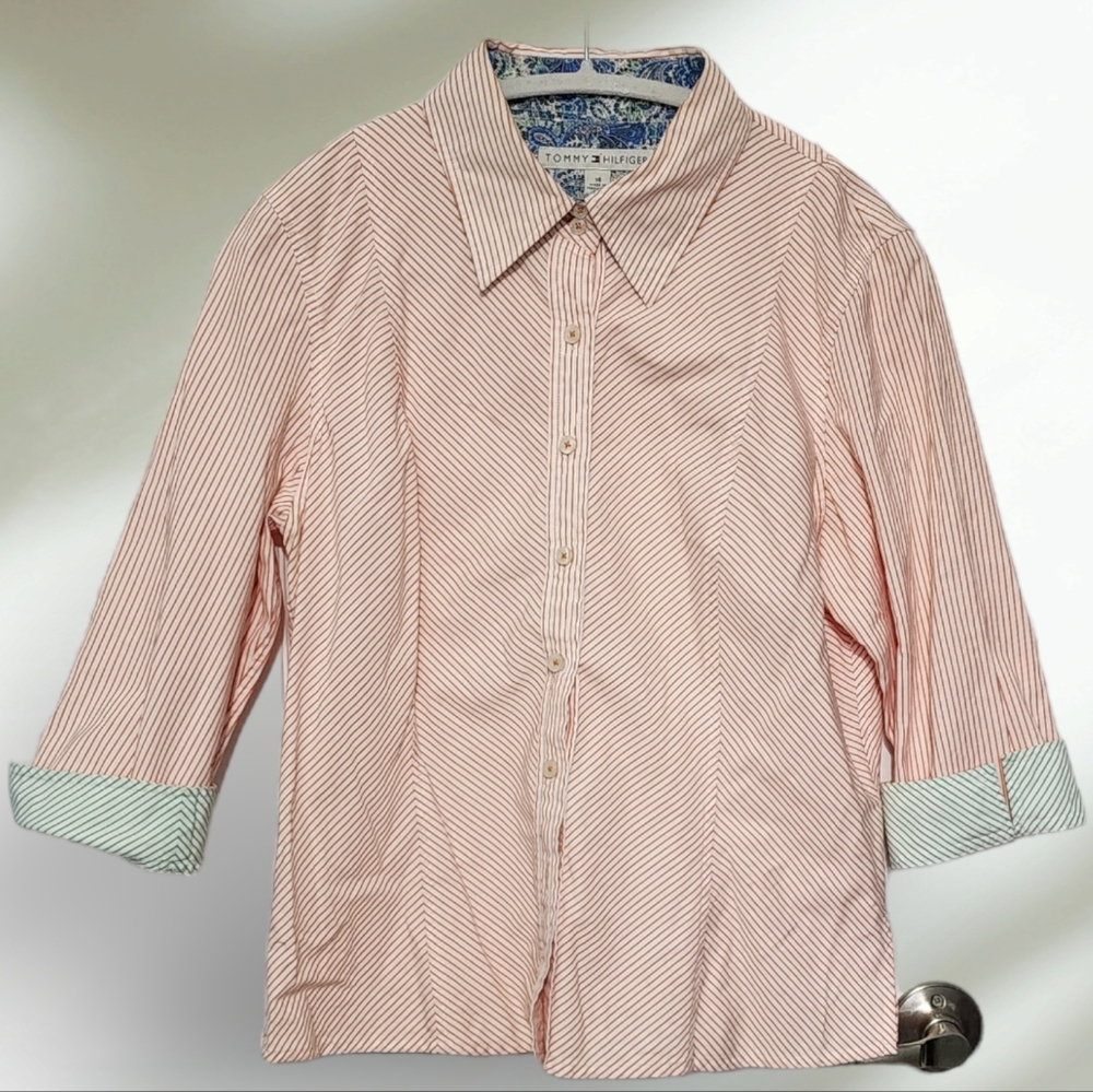 Tommy Hilfiger Seersucker Striped Womens 3/4 Sleeve Button Down Shirt Sz 14